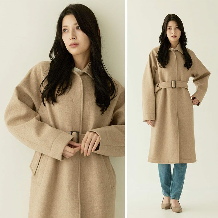 ステンカラーコート尾州ウールウールコートvネック