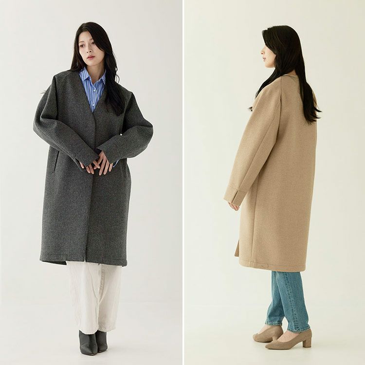 ノーカラーコート尾州ウールウールコート