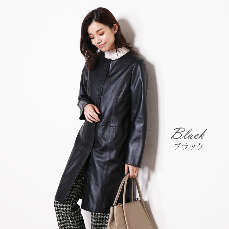 極美品 IENA 切り替え ラムレザー ムートン ノーカラー ロング コート 黒 訳あり】レザー コート アウター レディース ラムレザー 本革