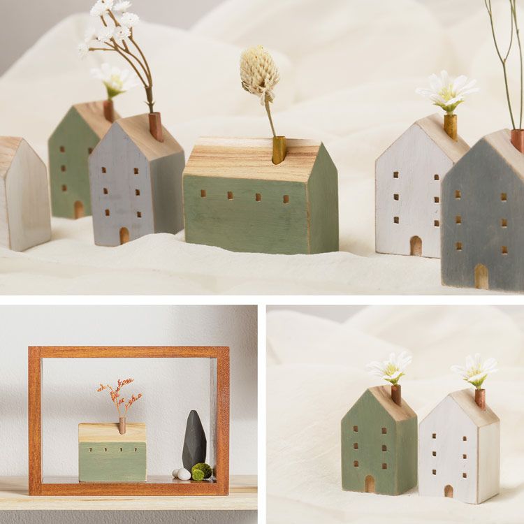 mienohome木製フラワーベースえんとつ屋根デザインフラワーハウス