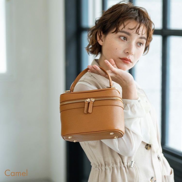 mieno本革バニティーバッグショルダーベルト付きキャメル