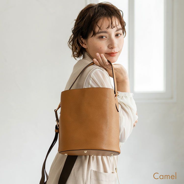 牛革2wayバッグ本革レディース肩掛けハンドバケツ型ブランドmieno収納レディースキャメル(07000595r)