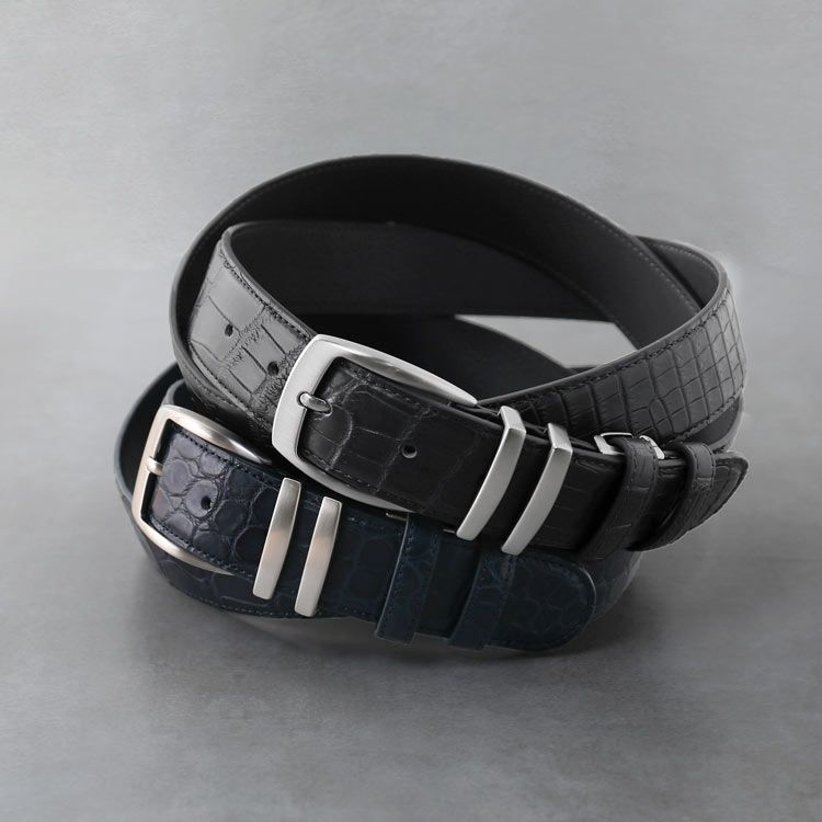 クロコダイルマットシャイニング加工ベルト35mmメンズ男性紳士本革大きいサイズワニ鰐革レザーカジュアルビジネス通勤プレゼントラッピングギフト父(06001827r)