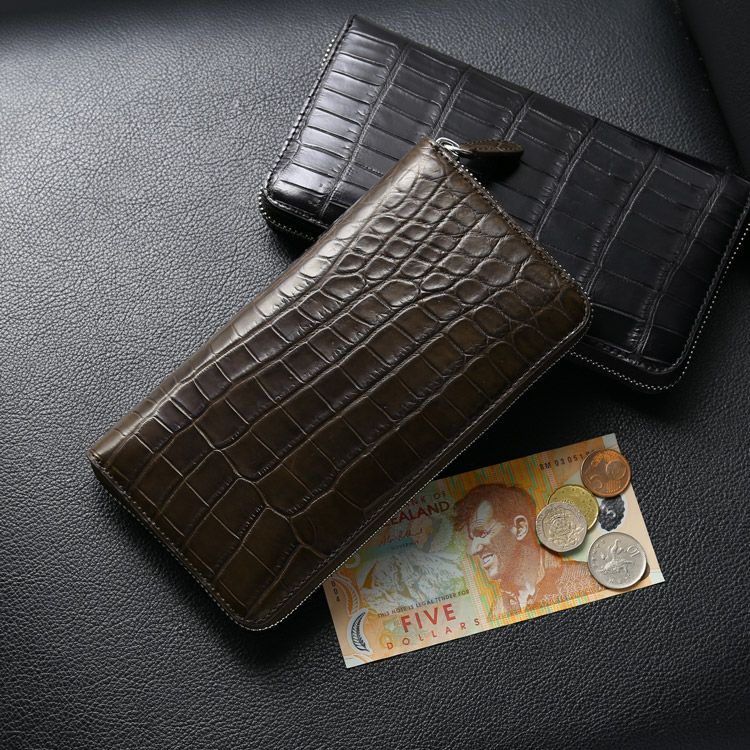 クロコダイルメンズ長財布マット加工ラウンドファスナー長財布ナイルクロコダイル鰐革本革