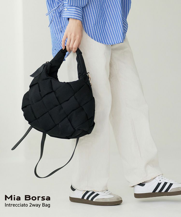 MiaBorsaナイロンメッシュバッグイントレチャート2WAY軽量軽い編み込みブラック7F(07000643r)