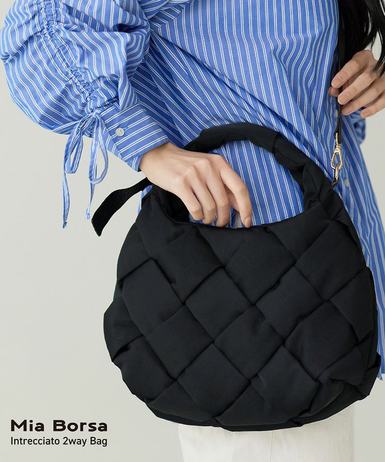 MiaBorsaナイロンメッシュバッグイントレチャート2WAY軽量軽い編み込みブラック7F(07000643r)