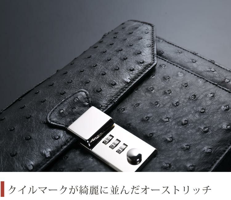 オーストリッチメンズセカンドバッグダイヤルロック式日本製27cmフルポイントブラック