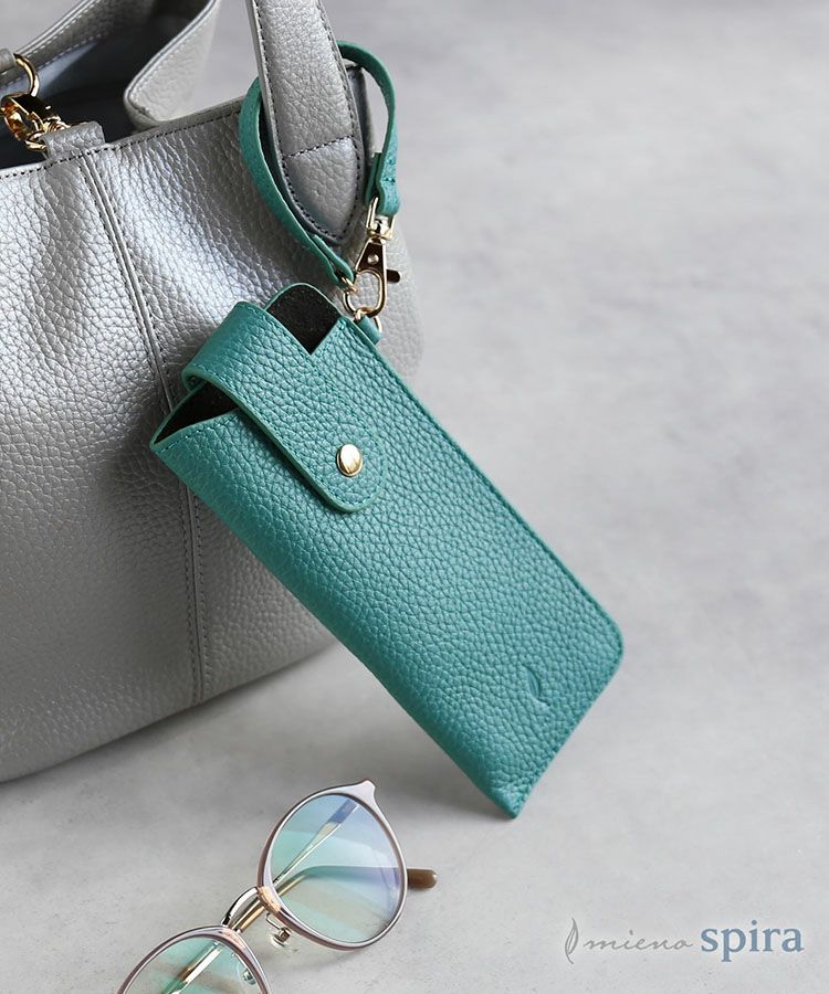 メガネケース本革ストラップ付き薄型ターコイズブルー