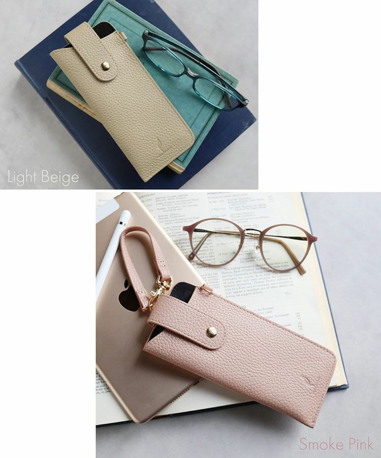 メガネケース本革ストラップ付き薄型ベージュピンク