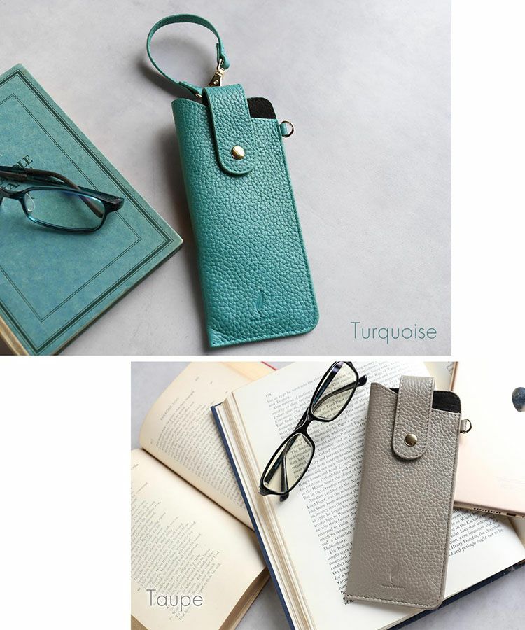 メガネケース本革ストラップ付き薄型トープターコイズ