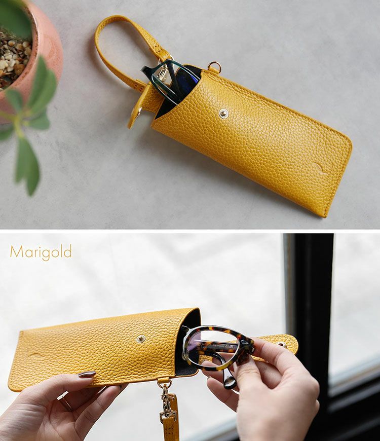 メガネケース本革ストラップ付き薄型黄色マリーゴールド