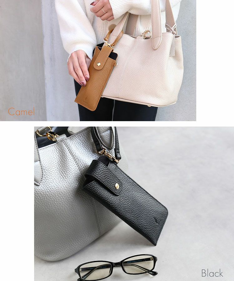 メガネケース本革ストラップ付き薄型キャメルブラック