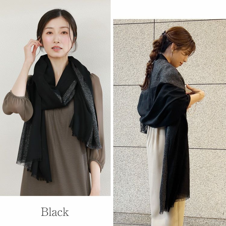 ストール薄手大判 シルク調ウールレディースラメブラック