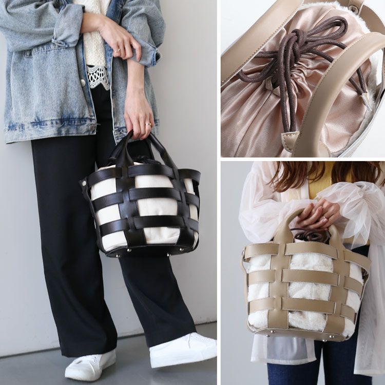 ハンドバッグ2wayかごバッグ牛床革スプリットレザー2wayバッグ