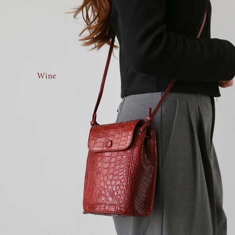 クロコダイルミニショルダーバッグレディースワイン