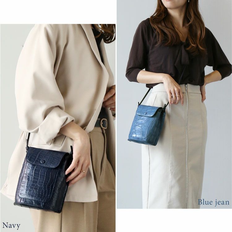 クロコダイルミニショルダーバッグレディースネイビーブルージーン