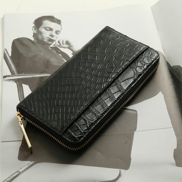 クロコダイル長財布レディースマット加工ラウンドファスナー財布本革鰐皮