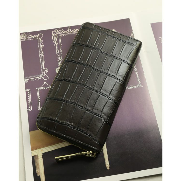 クロコダイル長財布レディースマット加工ラウンドファスナー財布本革鰐皮