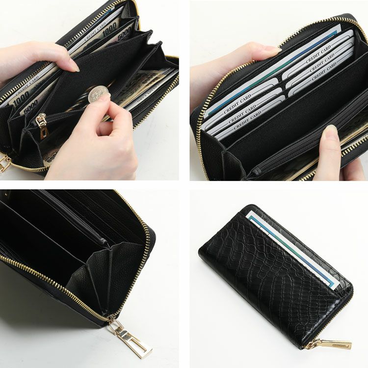 クロコダイル長財布レディースマット加工ラウンドファスナー財布本革鰐皮