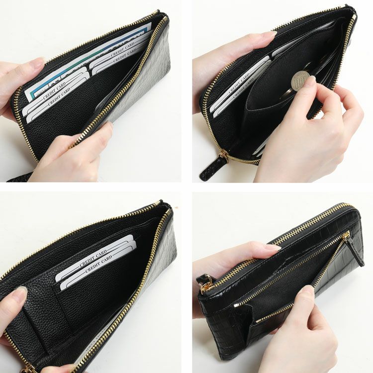 ナイルクロコダイルL字ファスナー長財布レディースマット加工スリム財布