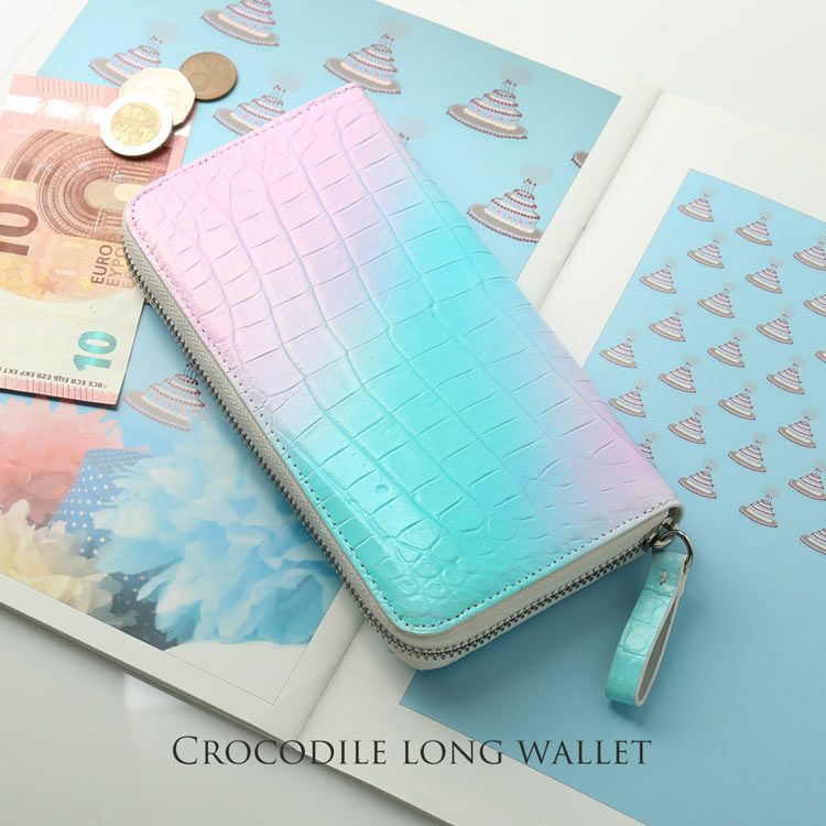 クロコダイルパステルカラーグラデーションデザインラウンドファスナー長財布マット