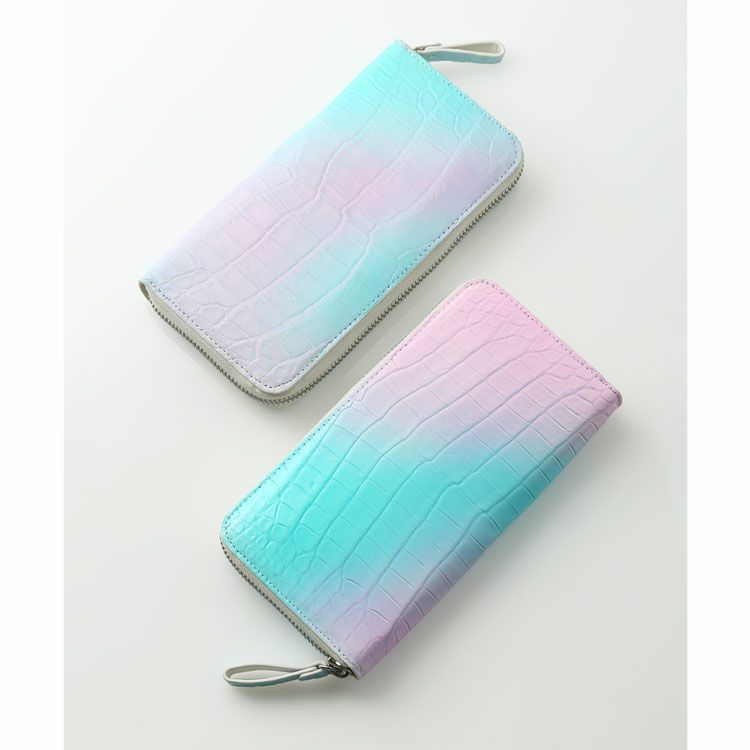 クロコダイルパステルカラーグラデーションデザインラウンドファスナー長財布マット