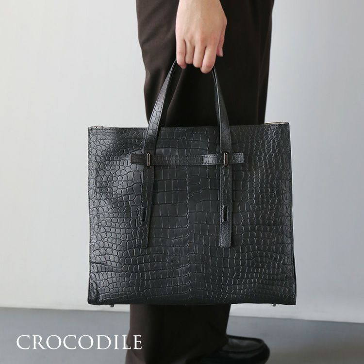 クロコダイルトートバッグマット加工ポロサスクロコダイル本革バッグメンズワニスモールクロコダイル肩掛け(06001875-mens-1r)