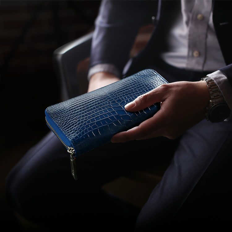 藍染めナイルクロコダイルラウンドファスナー長財布