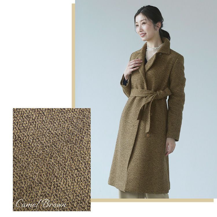 ステンカラーコートウール混レディースロングアウター秋冬ジャガード