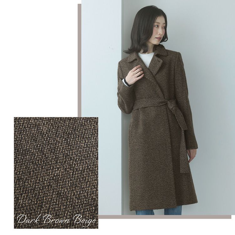 ステンカラーコートウール混レディースロングアウター秋冬ジャガード