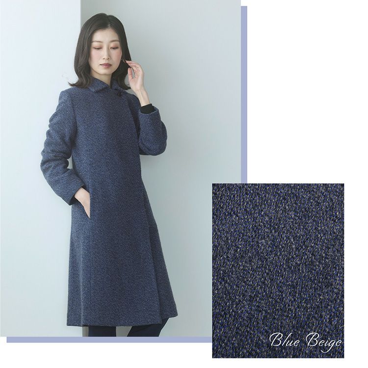 ステンカラーコートウール混レディースロングアウター秋冬ジャガード