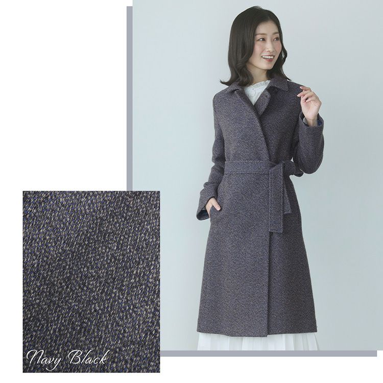 ステンカラーコートウール混レディースロングアウター秋冬ジャガード