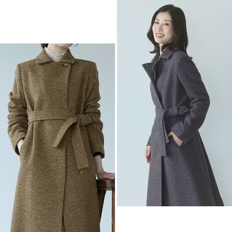 ステンカラーコートウール混レディースロングアウター秋冬ジャガード