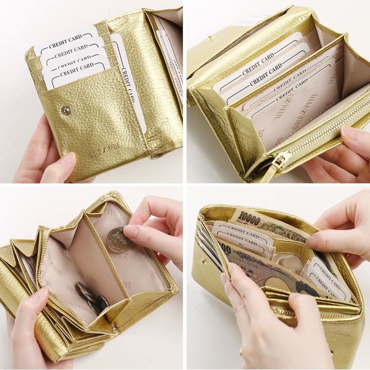 折り財布レディース本革ブランドゴールドカラー牛革財布