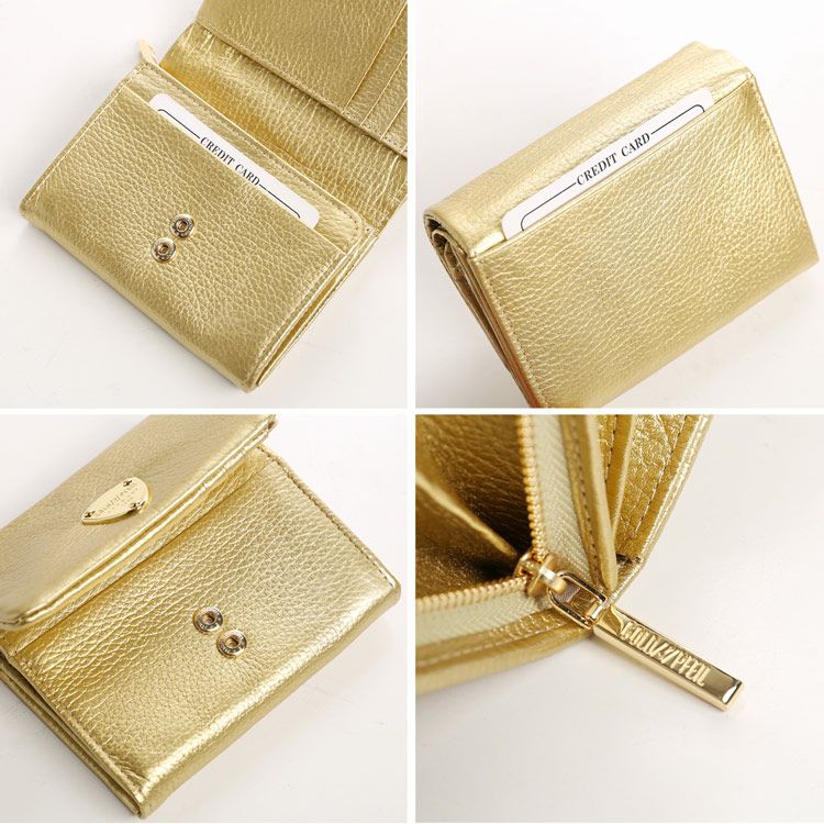 折り財布レディース本革ブランドゴールドカラー牛革財布