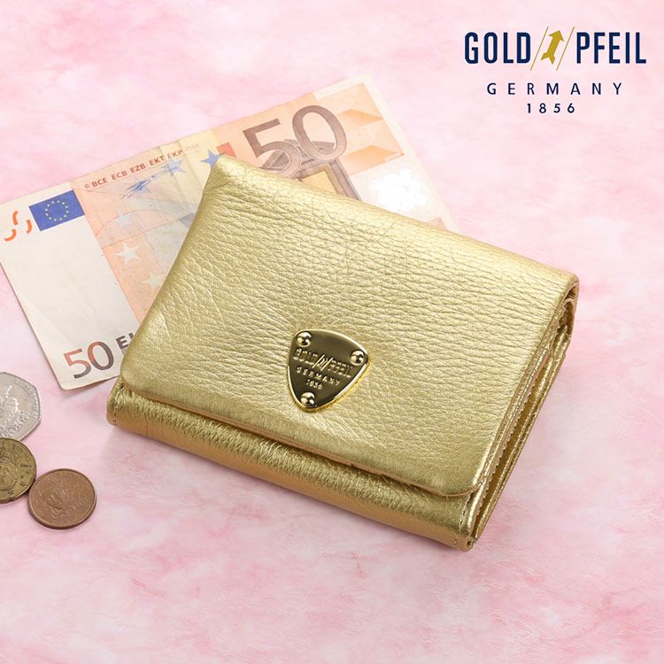 折り財布レディース本革ブランドゴールドカラー牛革財布