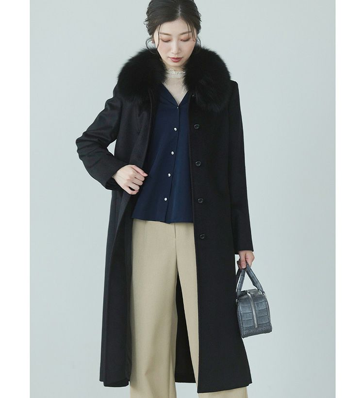カシミヤ100％ロングコートフォックスファートリミング