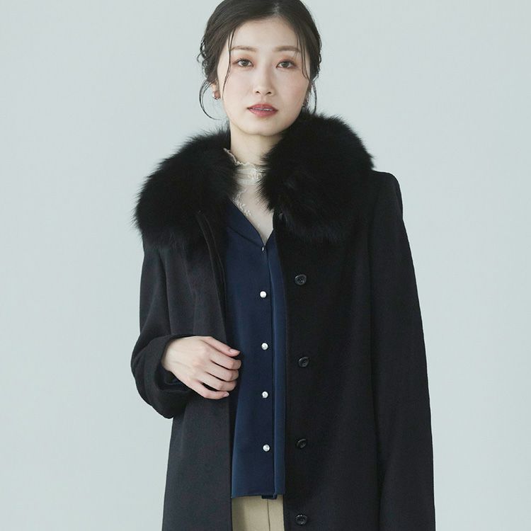 カシミヤ100％ロングコートフォックスファートリミング