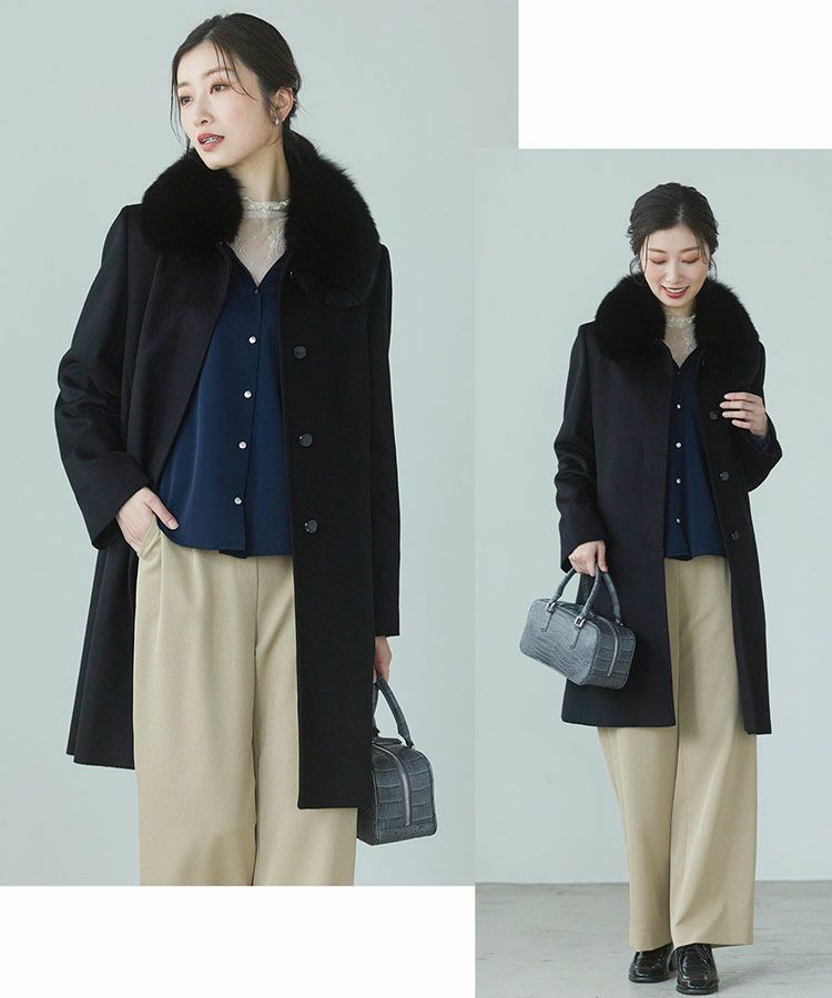 カシミヤ100%ロングコートブラックファー付き