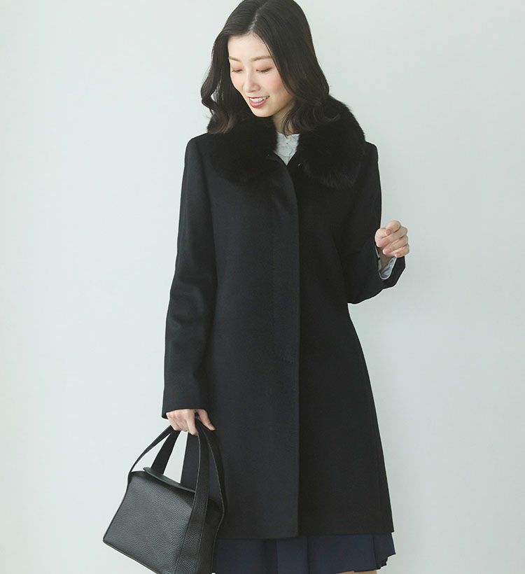 カシミヤ100%ロングコートブラックファー付き