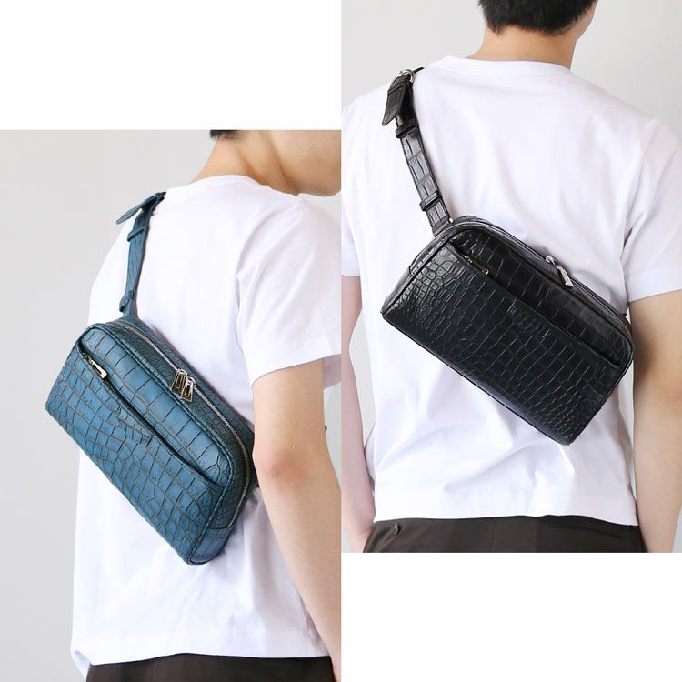 ナイルクロコダイルボディバッグマット加工目地染めメンズワニ本革ショルダーバッグ斜め掛けワンショルダー容量ななめ掛けボディバックかっこいいスタイリッシュ(06001918-mens-1r)
