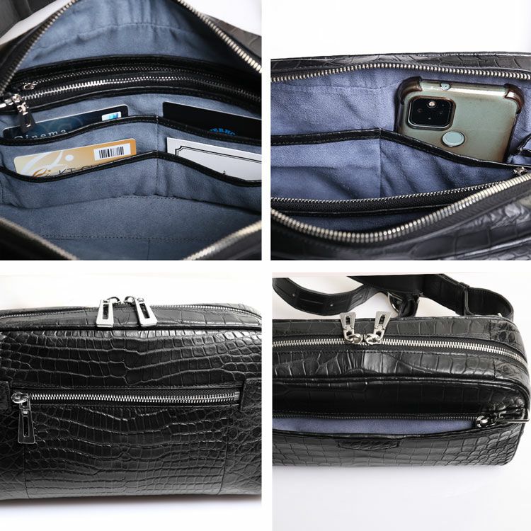 ナイルクロコダイルボディバッグマット加工目地染めメンズワニ本革ショルダーバッグ斜め掛けワンショルダー容量ななめ掛けボディバックかっこいいスタイリッシュ(06001918-mens-1r)