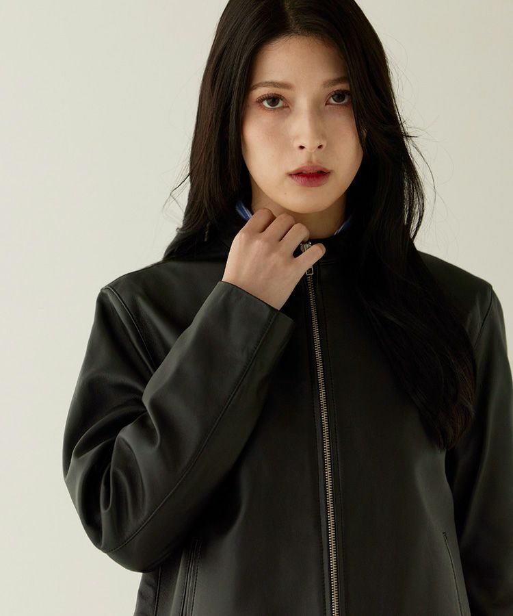 ラムレザージャケットスタンドカラーブラック