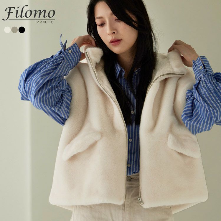 フェイクファーベストミンク調フード付きレディース全3色