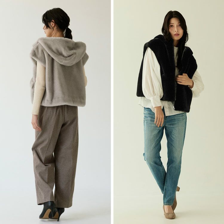 フェイクファーベストミンク調フード付きレディース全3色