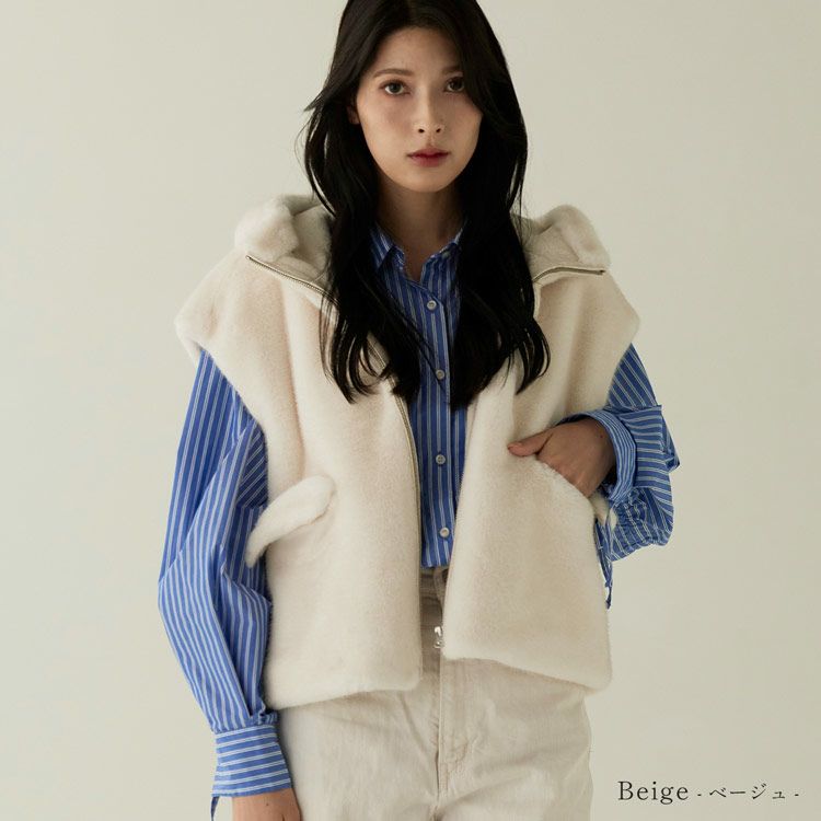 フェイクファーベストミンク調フード付きレディースベージュ