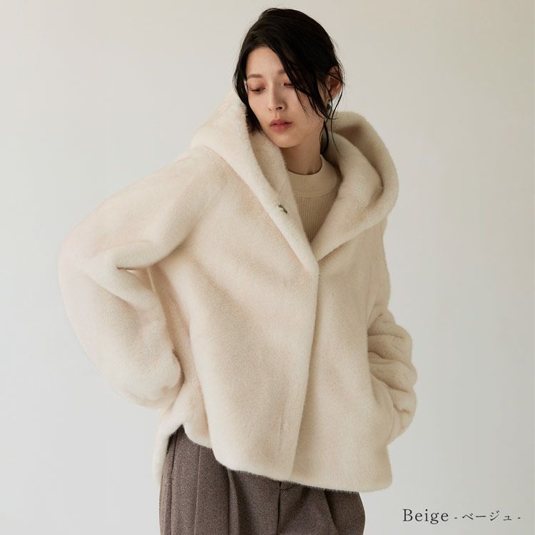 フェイクファージャケットミンク調フード付きレディースベージュ