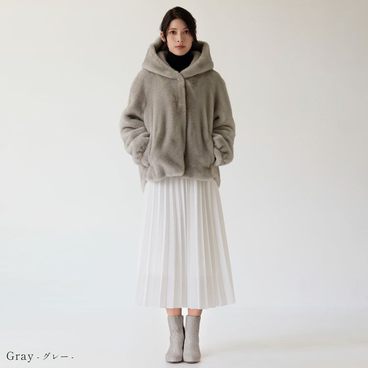 フェイクファージャケットミンク調フード付きレディースグレー