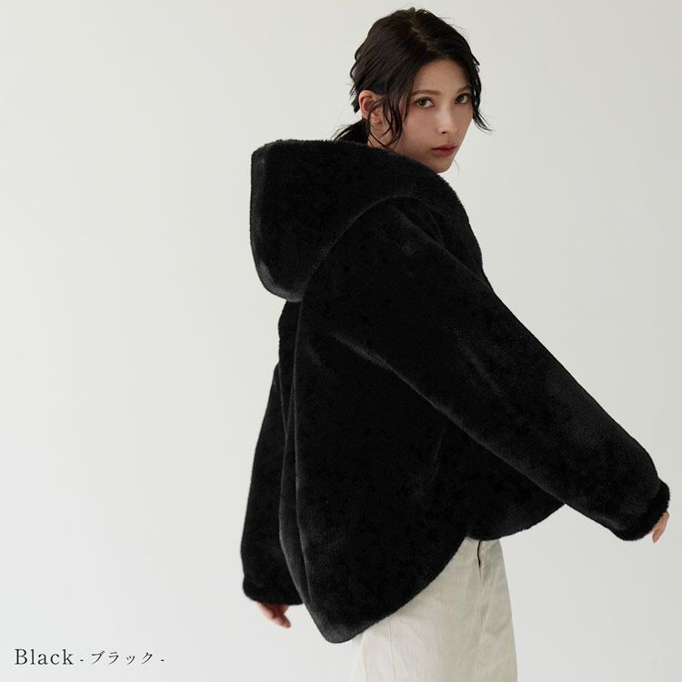 フェイクファーベストミンク調フード付きレディースブラック