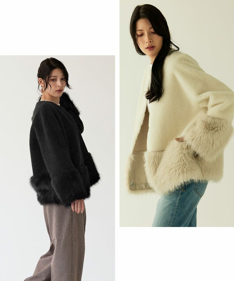 フェイクファージャケットムートン調ノーカラーレディース全2色
